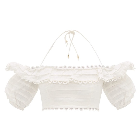 ZIMMERMANN Allia Loop Lace Off-The-Shoulder Short Sleeve Crop Top Zimmermann 1 - Picture 6 of 13